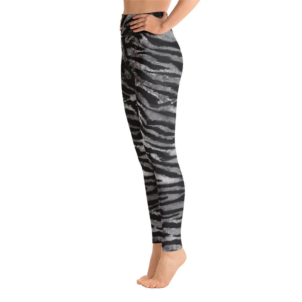 Grey Tiger Striped Yoga Leggings, Gray Tiger Stripes Animal Print Women's Tights-Made in USA/EU