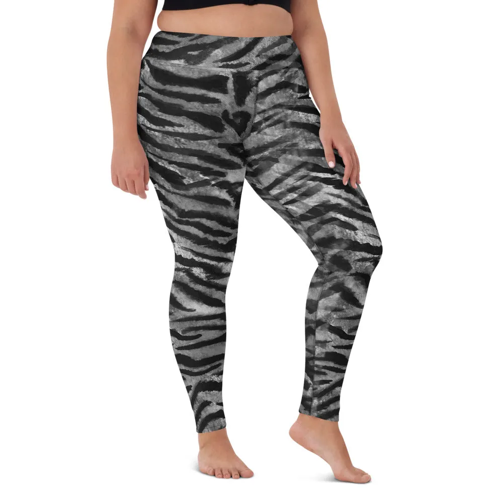 Grey Tiger Striped Yoga Leggings, Gray Tiger Stripes Animal Print Women's Tights-Made in USA/EU