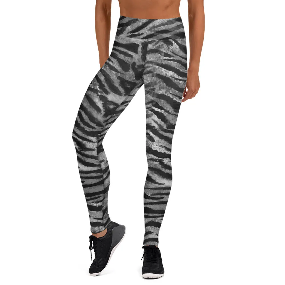 Grey Tiger Striped Yoga Leggings, Gray Tiger Stripes Animal Print Women's Tights-Made in USA/EU