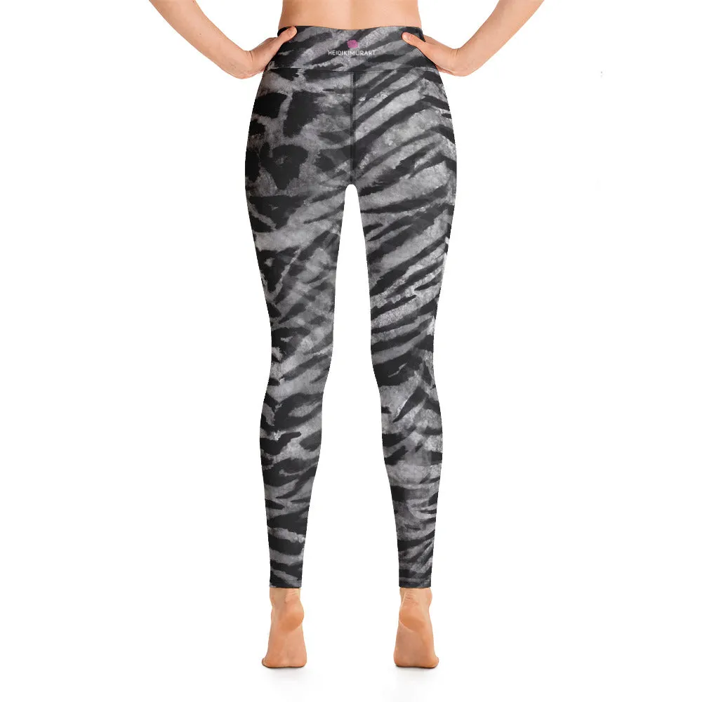 Grey Tiger Striped Yoga Leggings, Gray Tiger Stripes Animal Print Women's Tights-Made in USA/EU