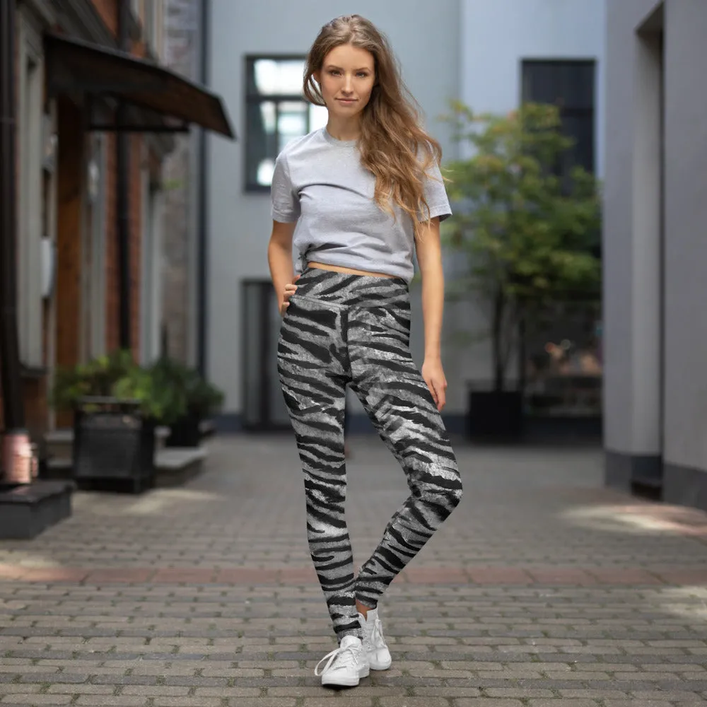 Grey Tiger Striped Yoga Leggings, Gray Tiger Stripes Animal Print Women's Tights-Made in USA/EU