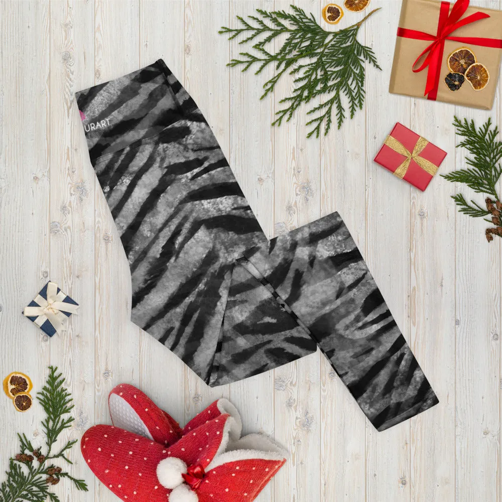 Grey Tiger Striped Yoga Leggings, Gray Tiger Stripes Animal Print Women's Tights-Made in USA/EU