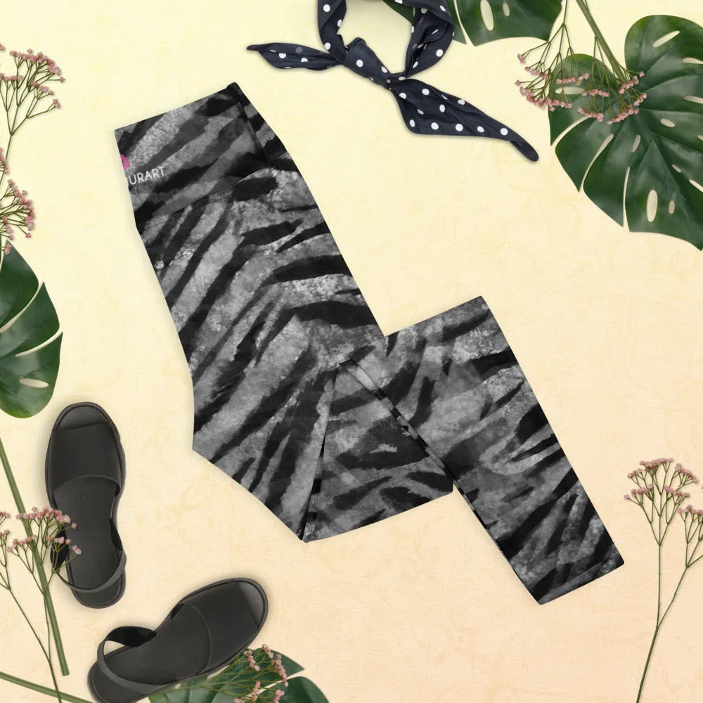 Grey Tiger Striped Yoga Leggings, Gray Tiger Stripes Animal Print Women's Tights-Made in USA/EU