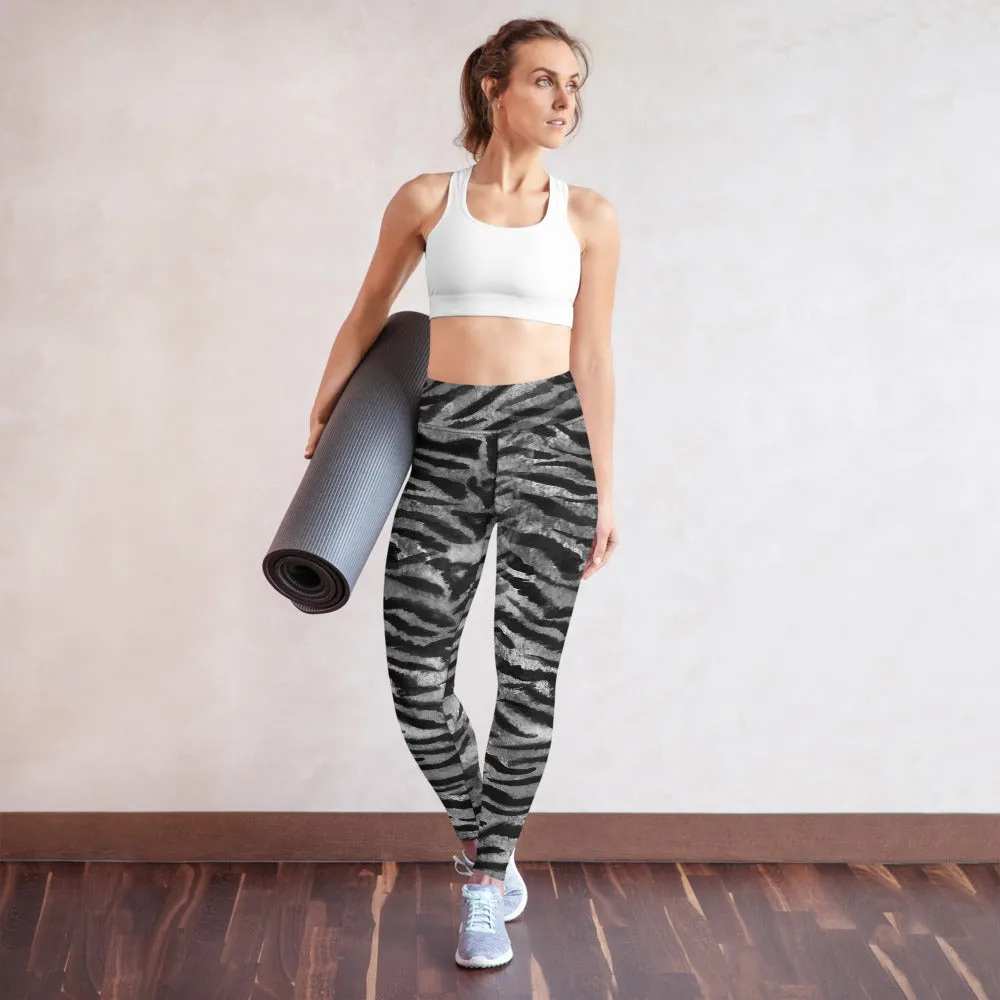 Grey Tiger Striped Yoga Leggings, Gray Tiger Stripes Animal Print Women's Tights-Made in USA/EU