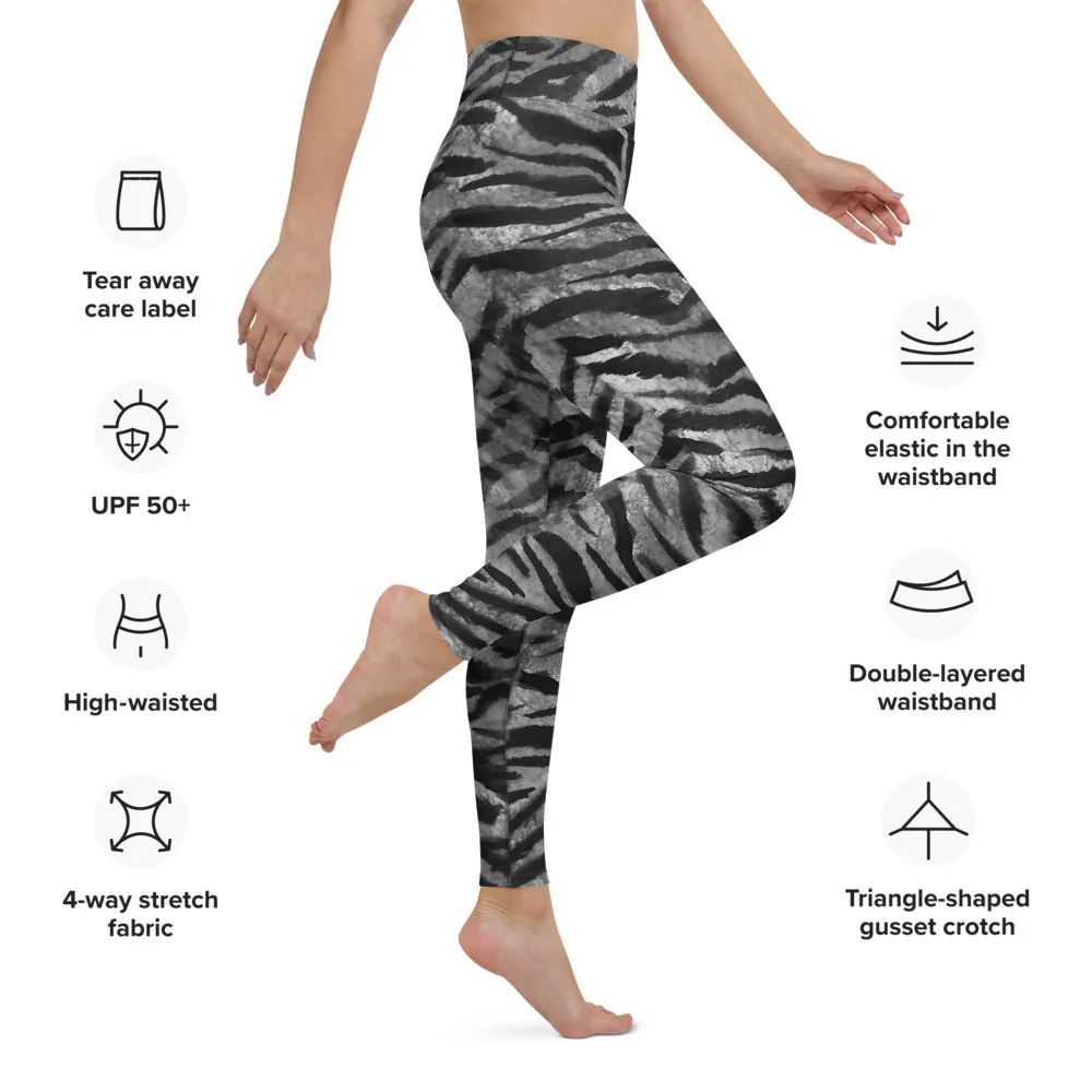 Grey Tiger Striped Yoga Leggings, Gray Tiger Stripes Animal Print Women's Tights-Made in USA/EU