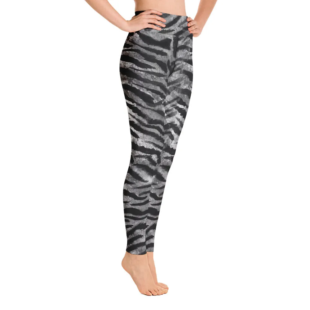 Grey Tiger Striped Yoga Leggings, Gray Tiger Stripes Animal Print Women's Tights-Made in USA/EU