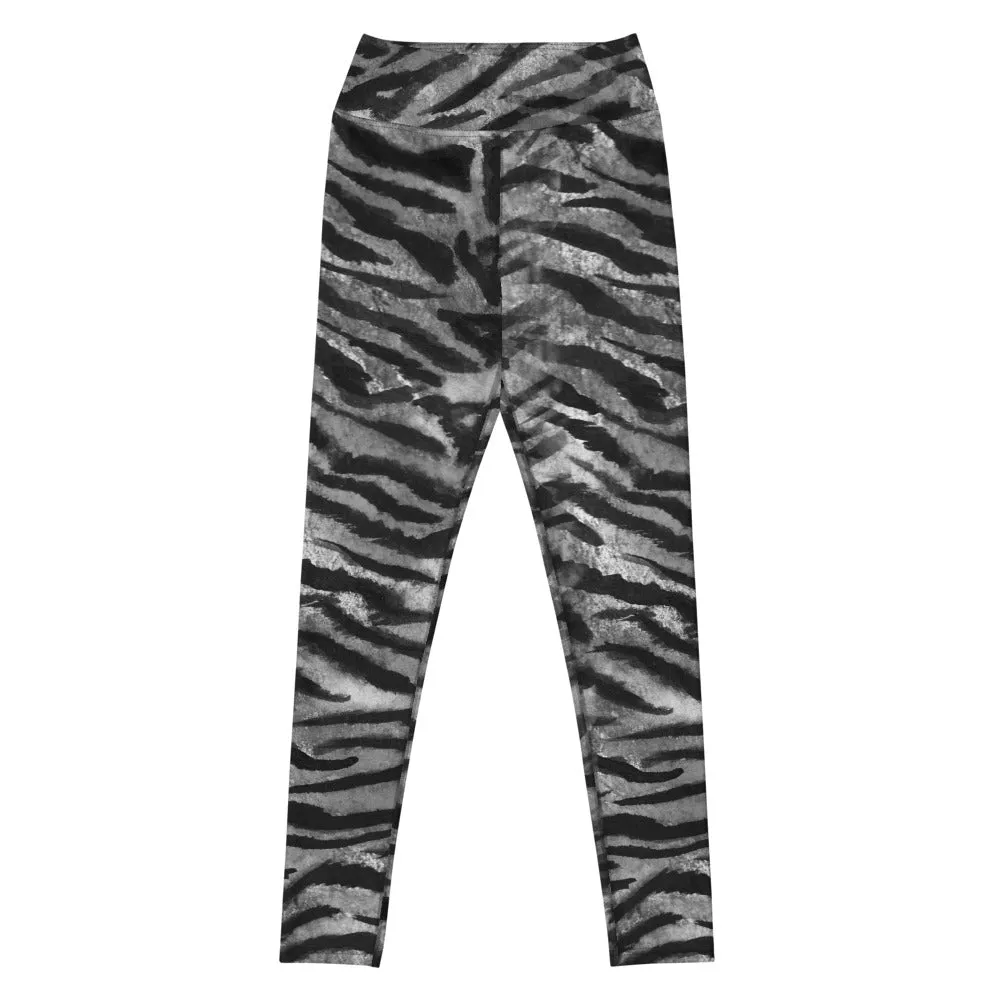 Grey Tiger Striped Yoga Leggings, Gray Tiger Stripes Animal Print Women's Tights-Made in USA/EU
