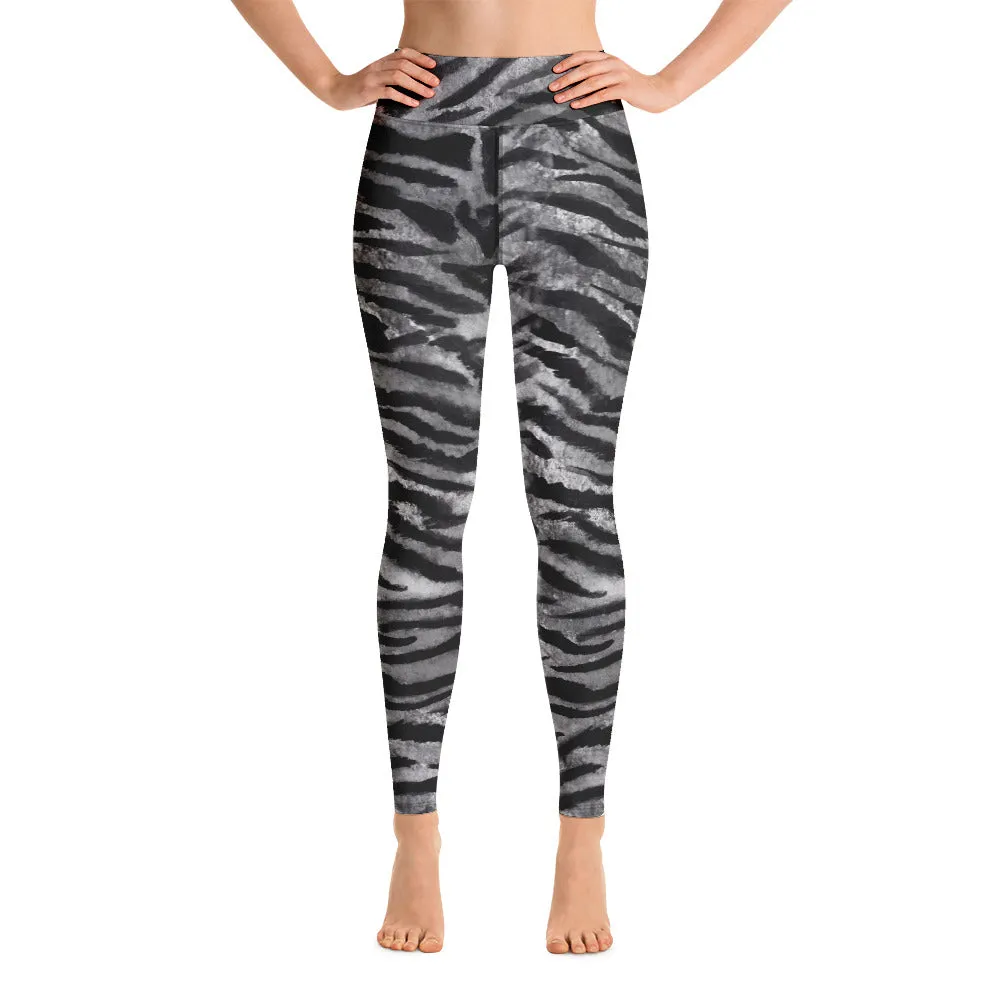 Grey Tiger Striped Yoga Leggings, Gray Tiger Stripes Animal Print Women's Tights-Made in USA/EU