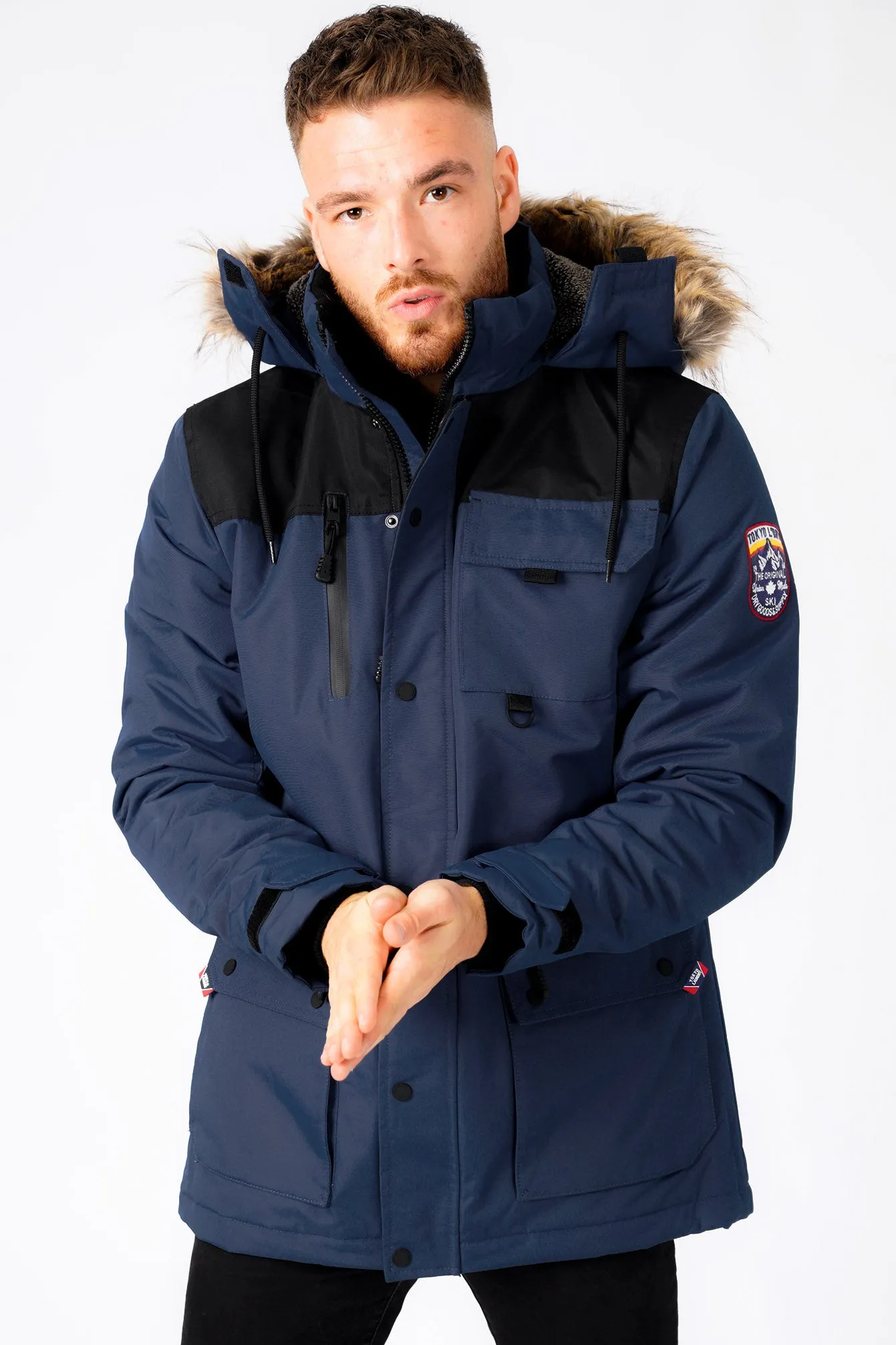 Haakon Colour Block Utility Parka Coat with Faux Fur Lined Hood in Iris Navy - Tokyo Laundry