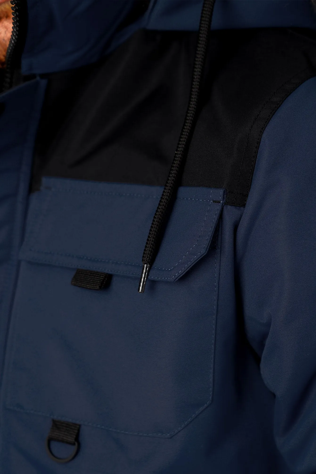 Haakon Colour Block Utility Parka Coat with Faux Fur Lined Hood in Iris Navy - Tokyo Laundry
