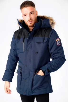 Haakon Colour Block Utility Parka Coat with Faux Fur Lined Hood in Iris Navy - Tokyo Laundry