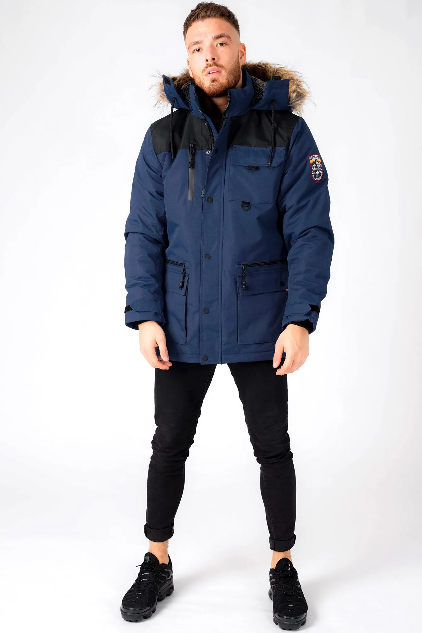 Haakon Colour Block Utility Parka Coat with Faux Fur Lined Hood in Iris Navy - Tokyo Laundry