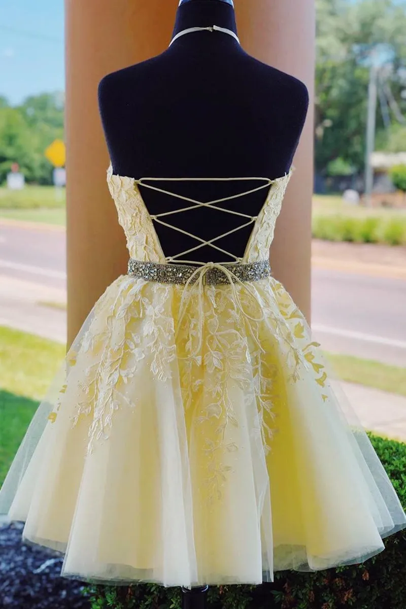 Halter Neck Backless Short Yellow Lace Prom Dress, Yellow Lace Formal Graduation Homecoming Dress