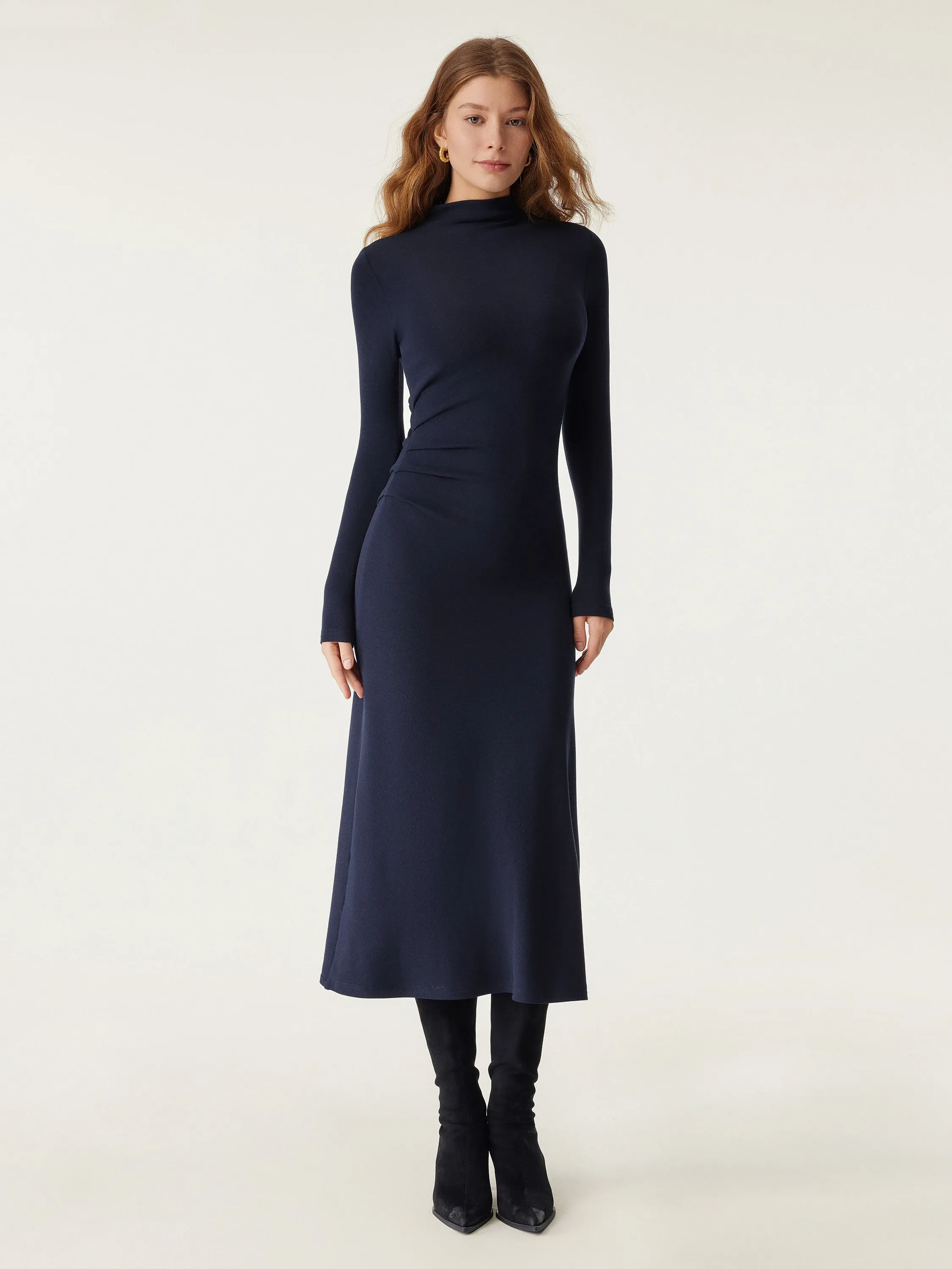 Heat-Tech Long Sleeves Mockneck Tucks Midi Dress