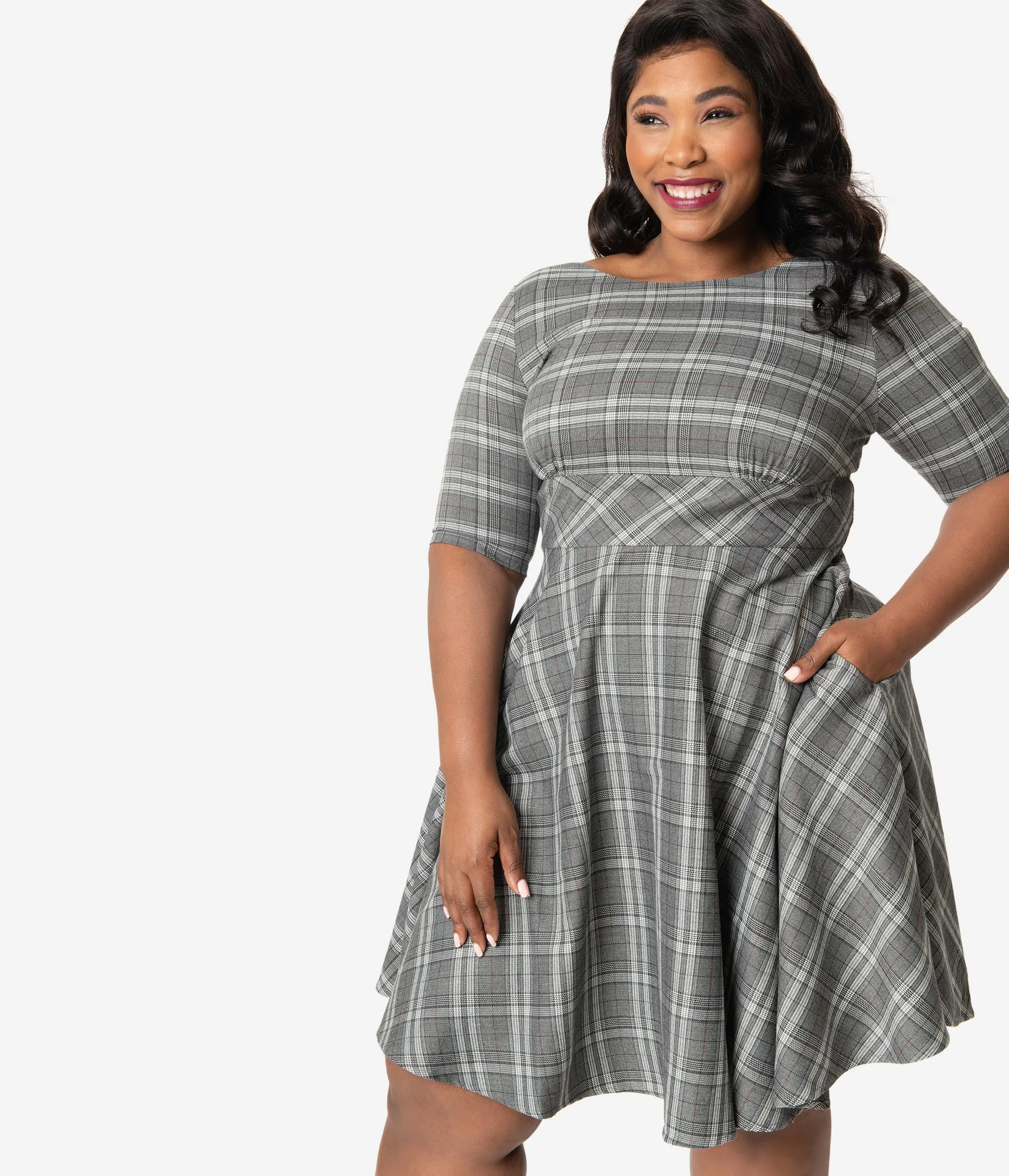 Hell Bunny Plus Size 1950s Style Grey Plaid Frostline Swing Dress