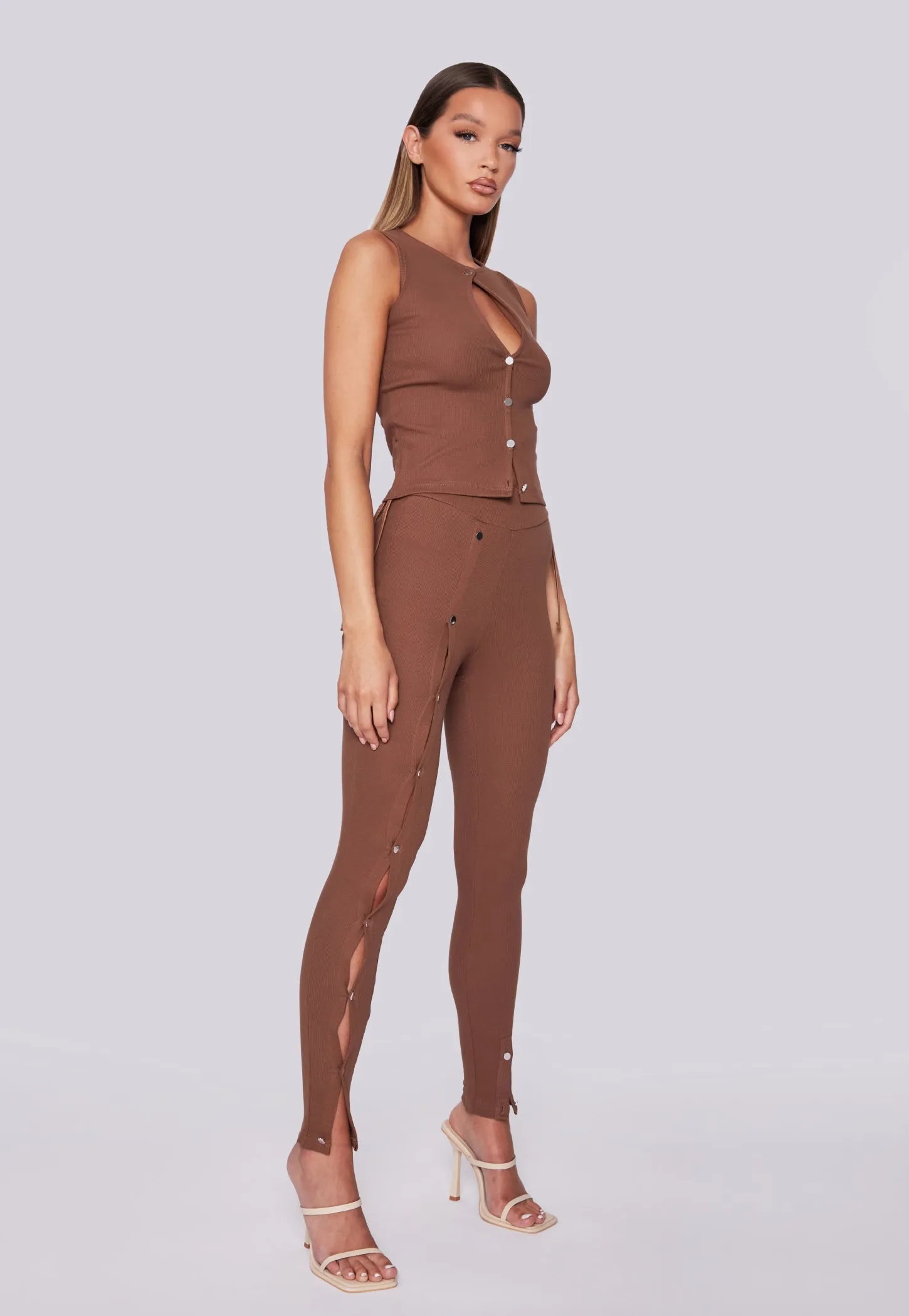High Waisted Button Up Ribbed Leggings - Brown
