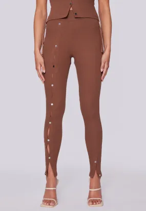High Waisted Button Up Ribbed Leggings - Brown