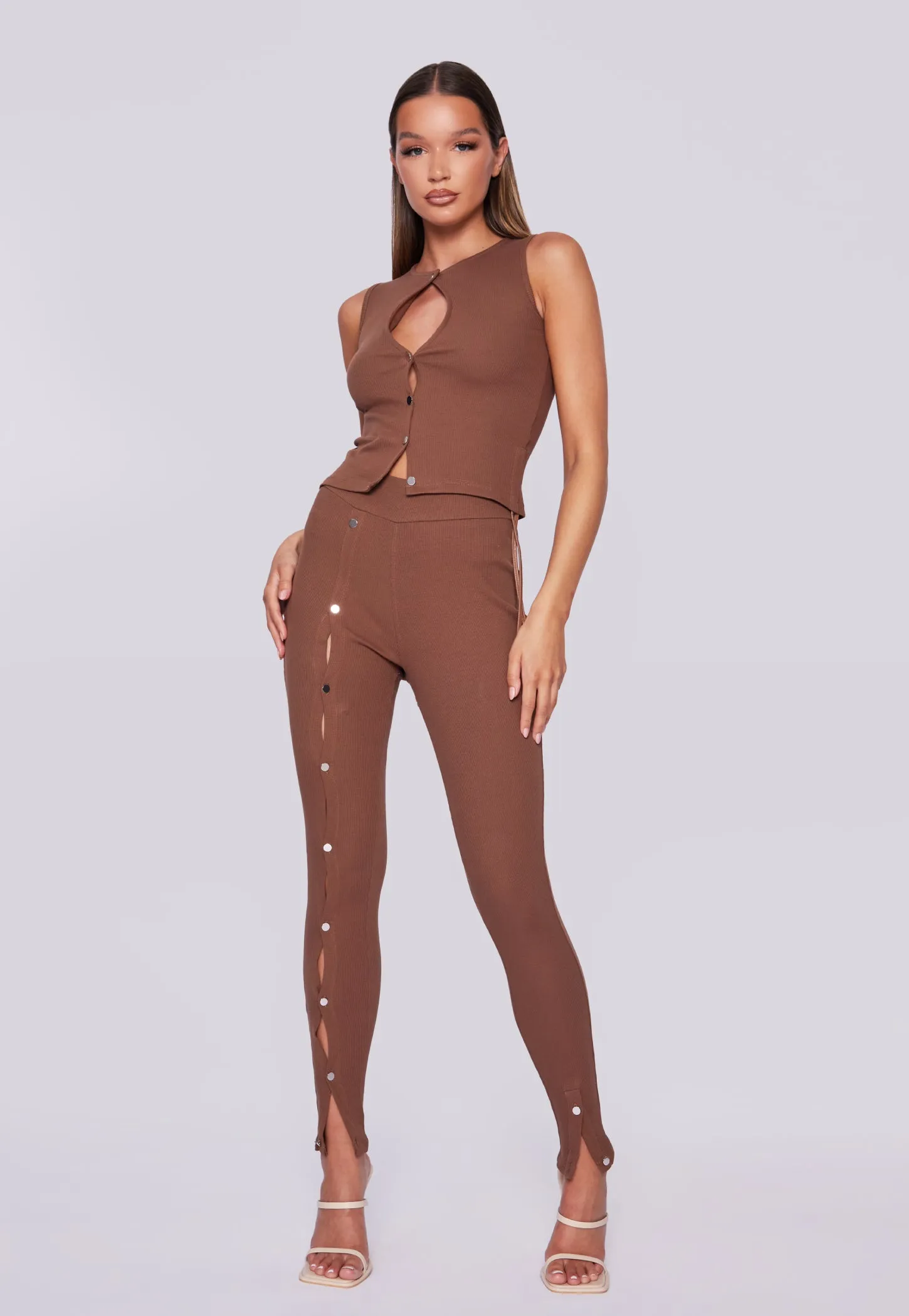 High Waisted Button Up Ribbed Leggings - Brown