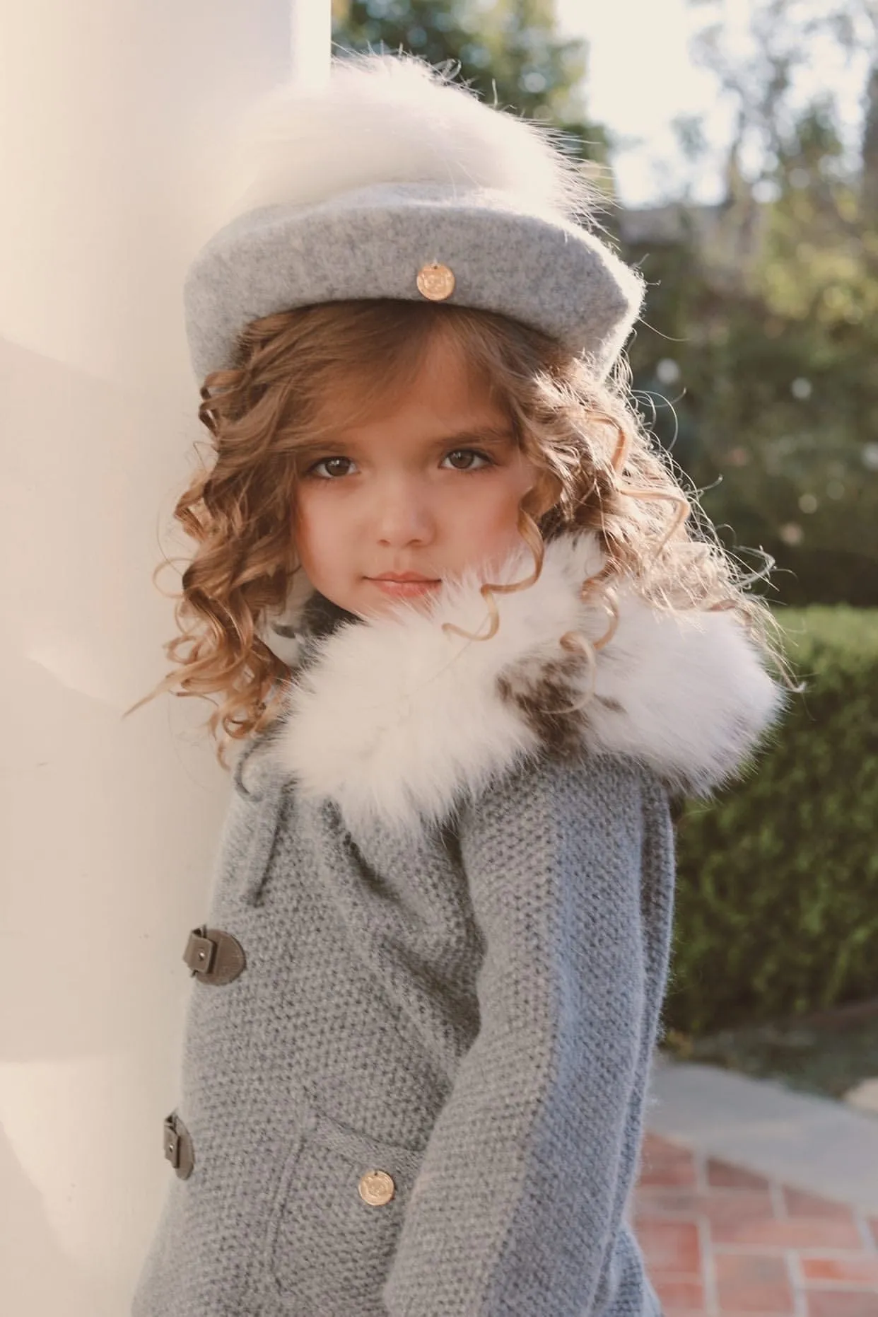 Honeycomb Grey Cashmere Pram Coat with White Print Trim