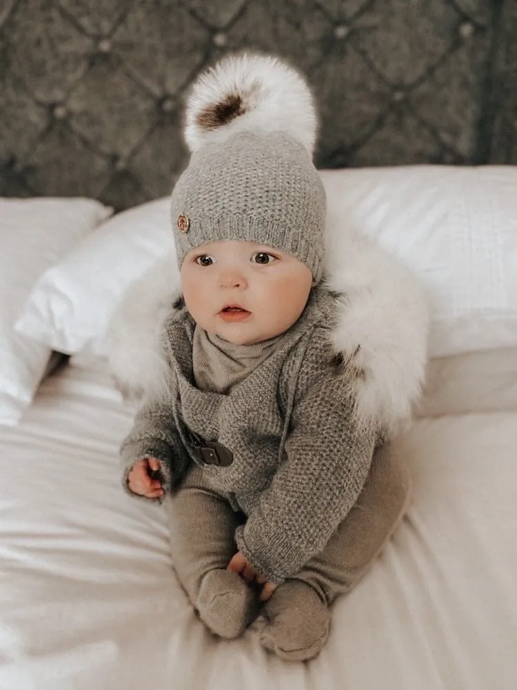Honeycomb Grey Cashmere Pram Coat with White Print Trim