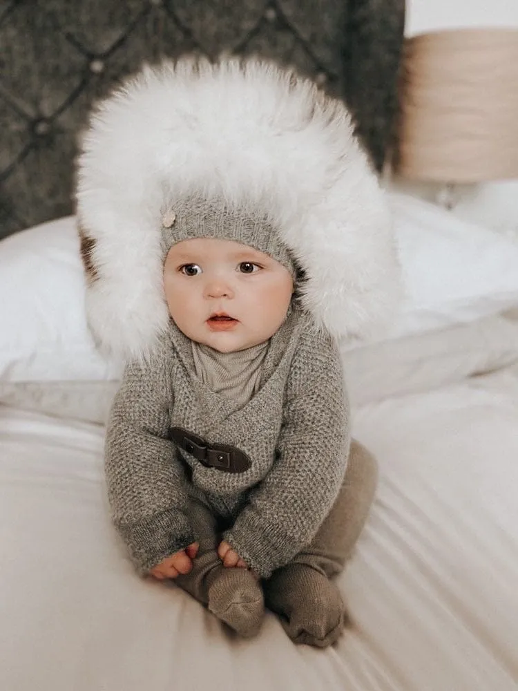 Honeycomb Grey Cashmere Pram Coat with White Print Trim