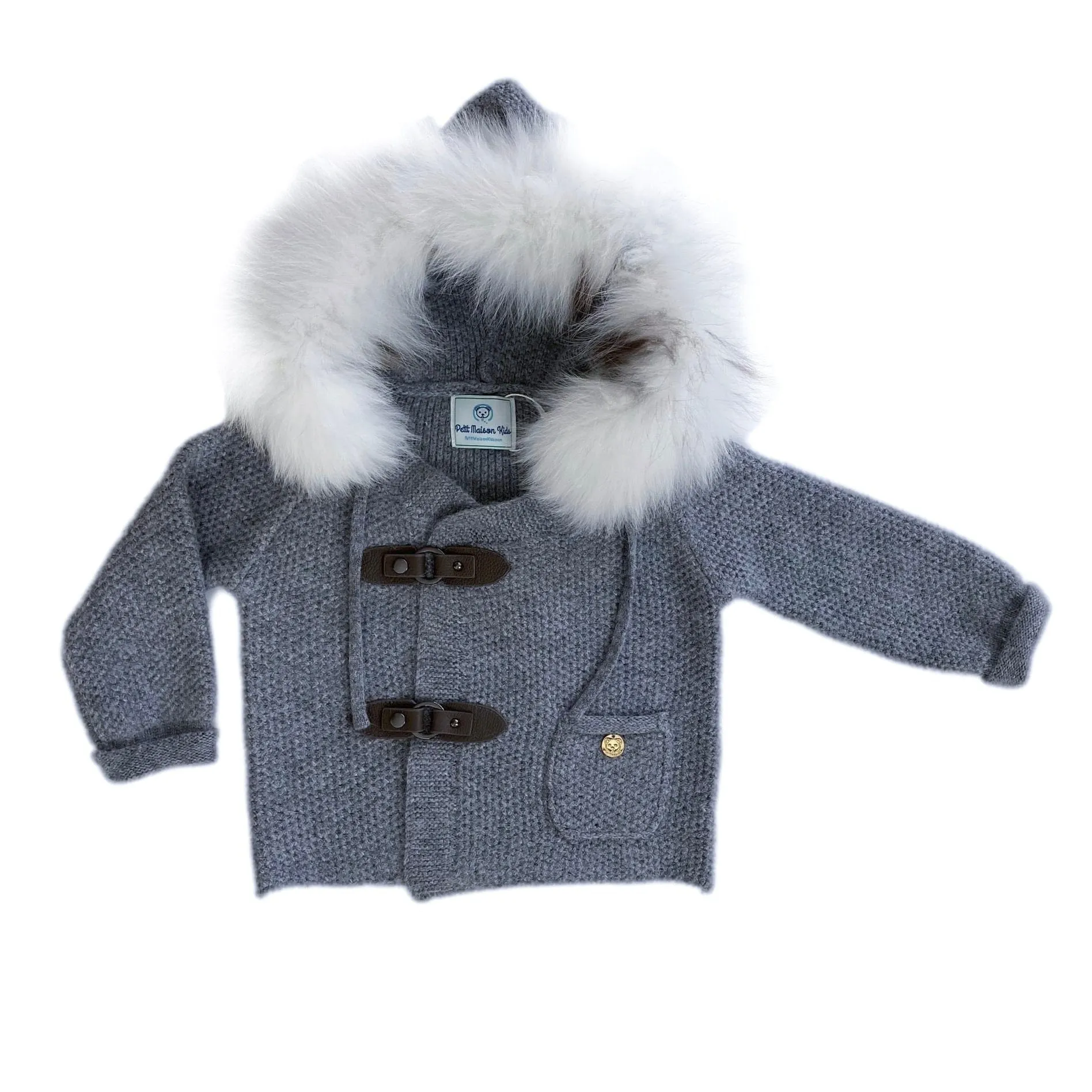 Honeycomb Grey Cashmere Pram Coat with White Print Trim