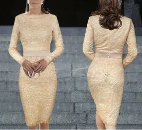 Ketty More Women Elegant  Long  Sleeves  Lace  Dress  With  Belt  Beige-KMWD052