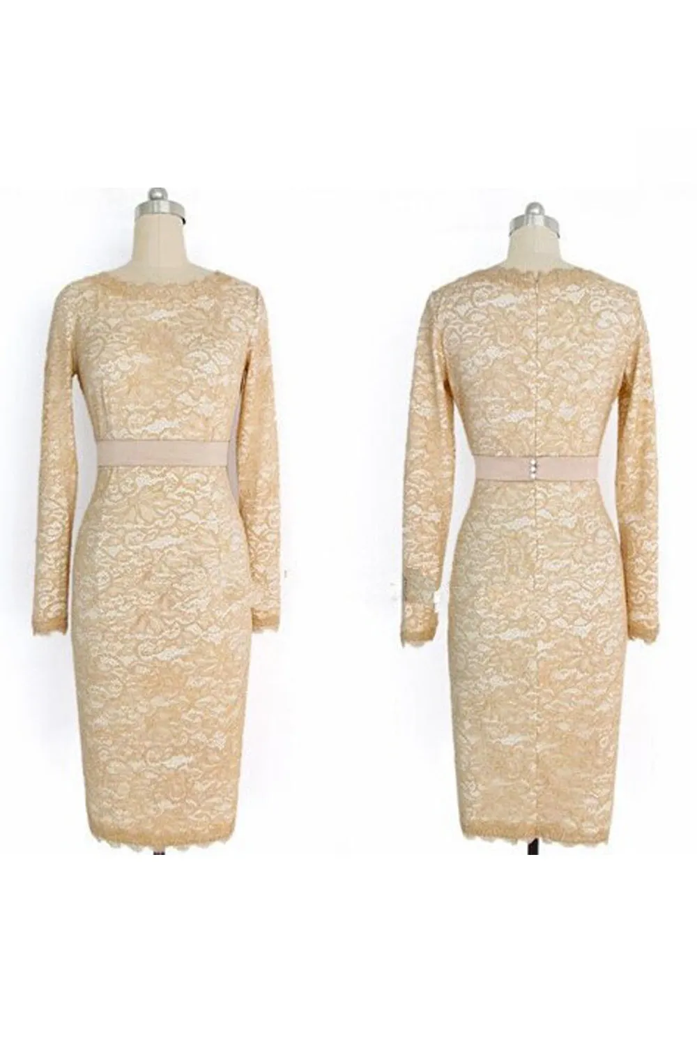 Ketty More Women Elegant  Long  Sleeves  Lace  Dress  With  Belt  Beige-KMWD052
