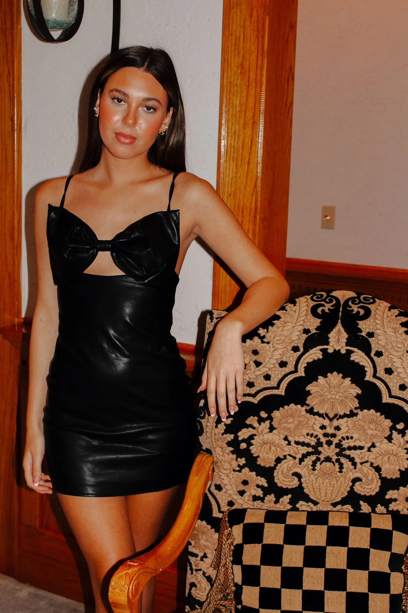 Leather Bow Mini Dress