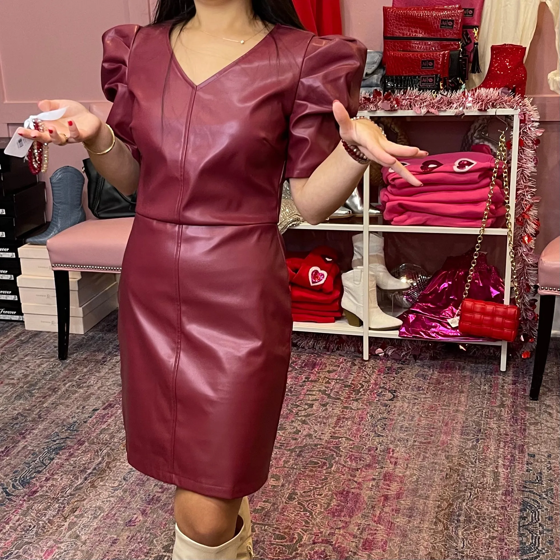 Let's Rock Puff Shoulder Faux Leather Burgundy Dress