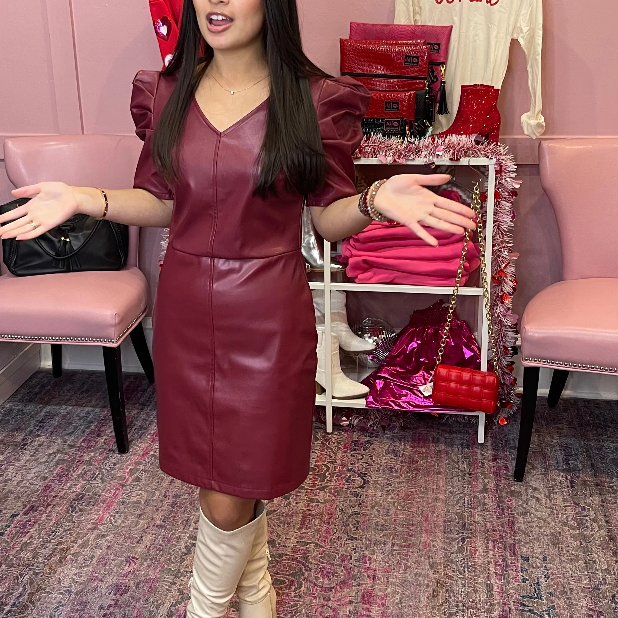 Let's Rock Puff Shoulder Faux Leather Burgundy Dress