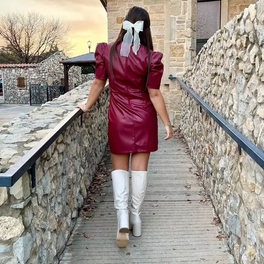 Let's Rock Puff Shoulder Faux Leather Burgundy Dress