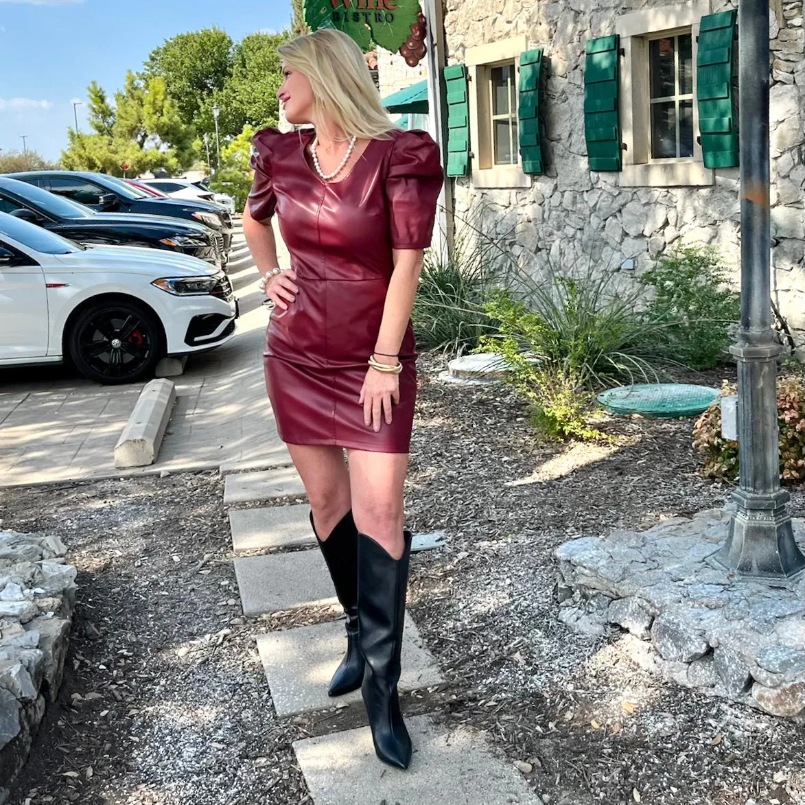 Let's Rock Puff Shoulder Faux Leather Burgundy Dress