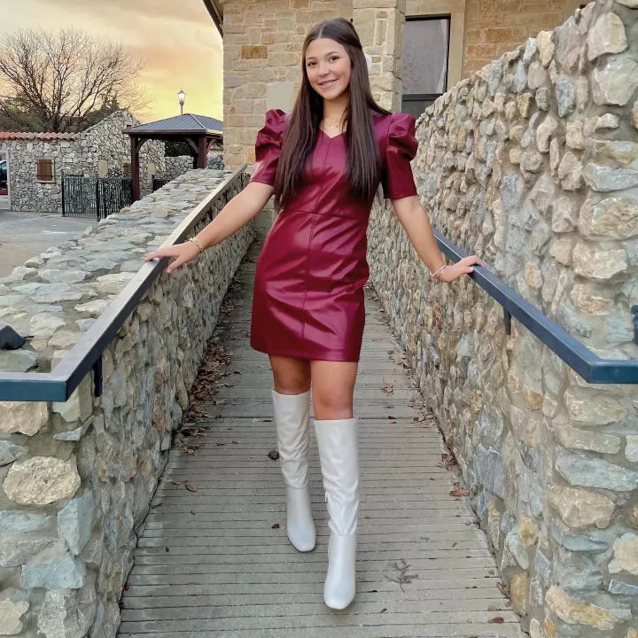 Let's Rock Puff Shoulder Faux Leather Burgundy Dress