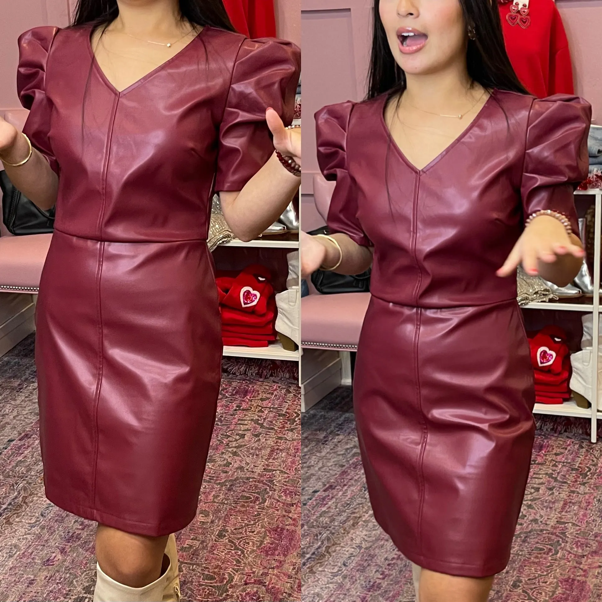 Let's Rock Puff Shoulder Faux Leather Burgundy Dress