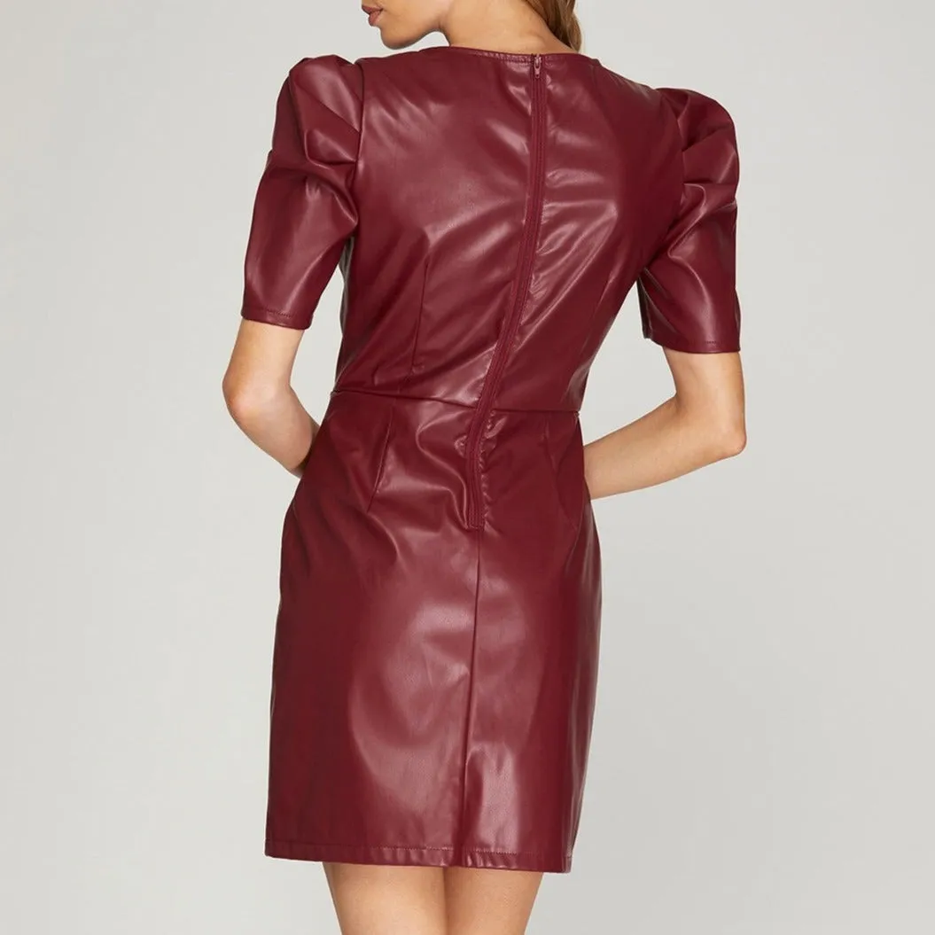 Let's Rock Puff Shoulder Faux Leather Burgundy Dress