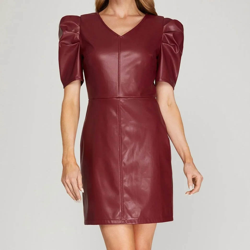 Let's Rock Puff Shoulder Faux Leather Burgundy Dress