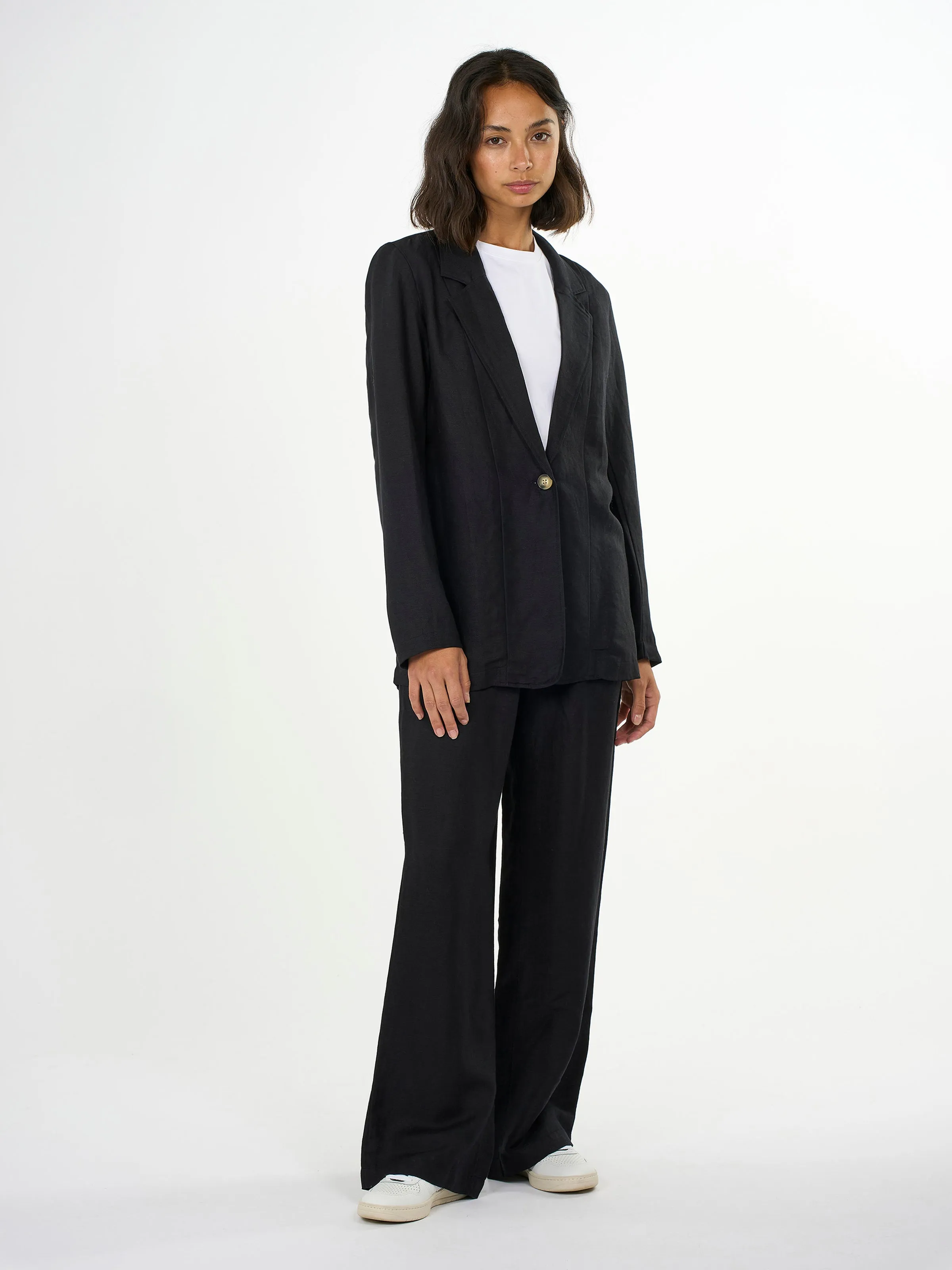 Linen mix loose blazer - Black Jet