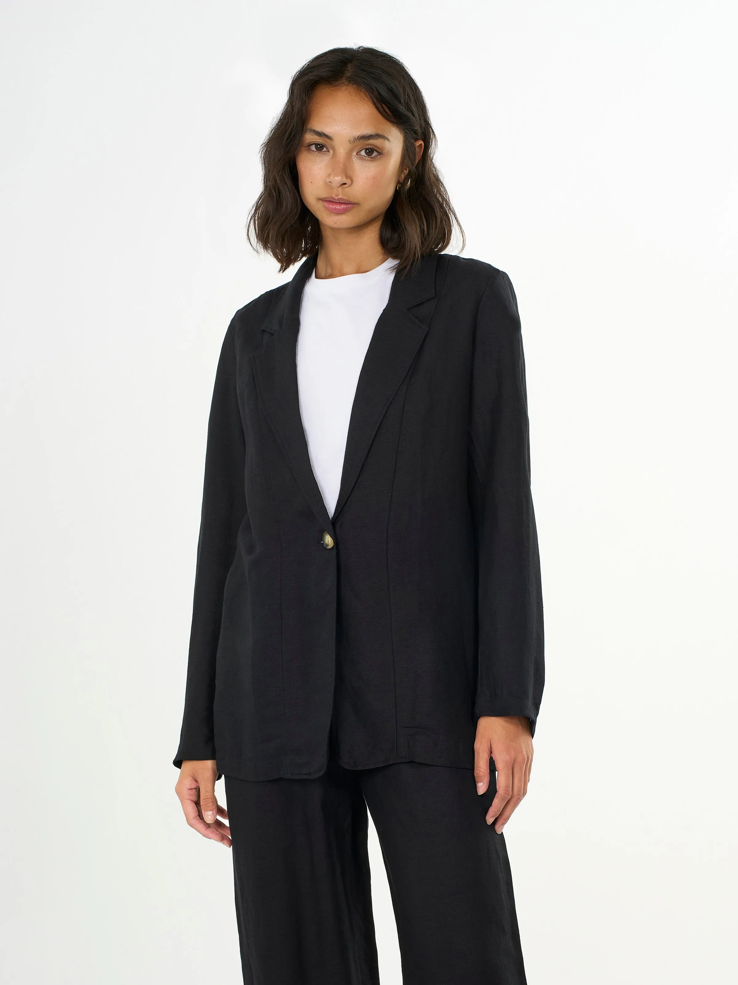 Linen mix loose blazer - Black Jet