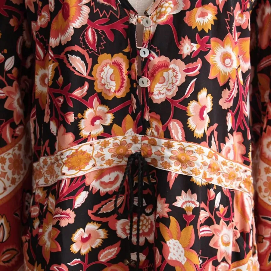 Lolita Mini Dress Black Rust Floral Print Boho Bell Sleeve V Neck Button Front Drawstring Waist Long Sleeve Bohemian Short Dress Flower Print Available In Sizes Small Medium Large Or XL
