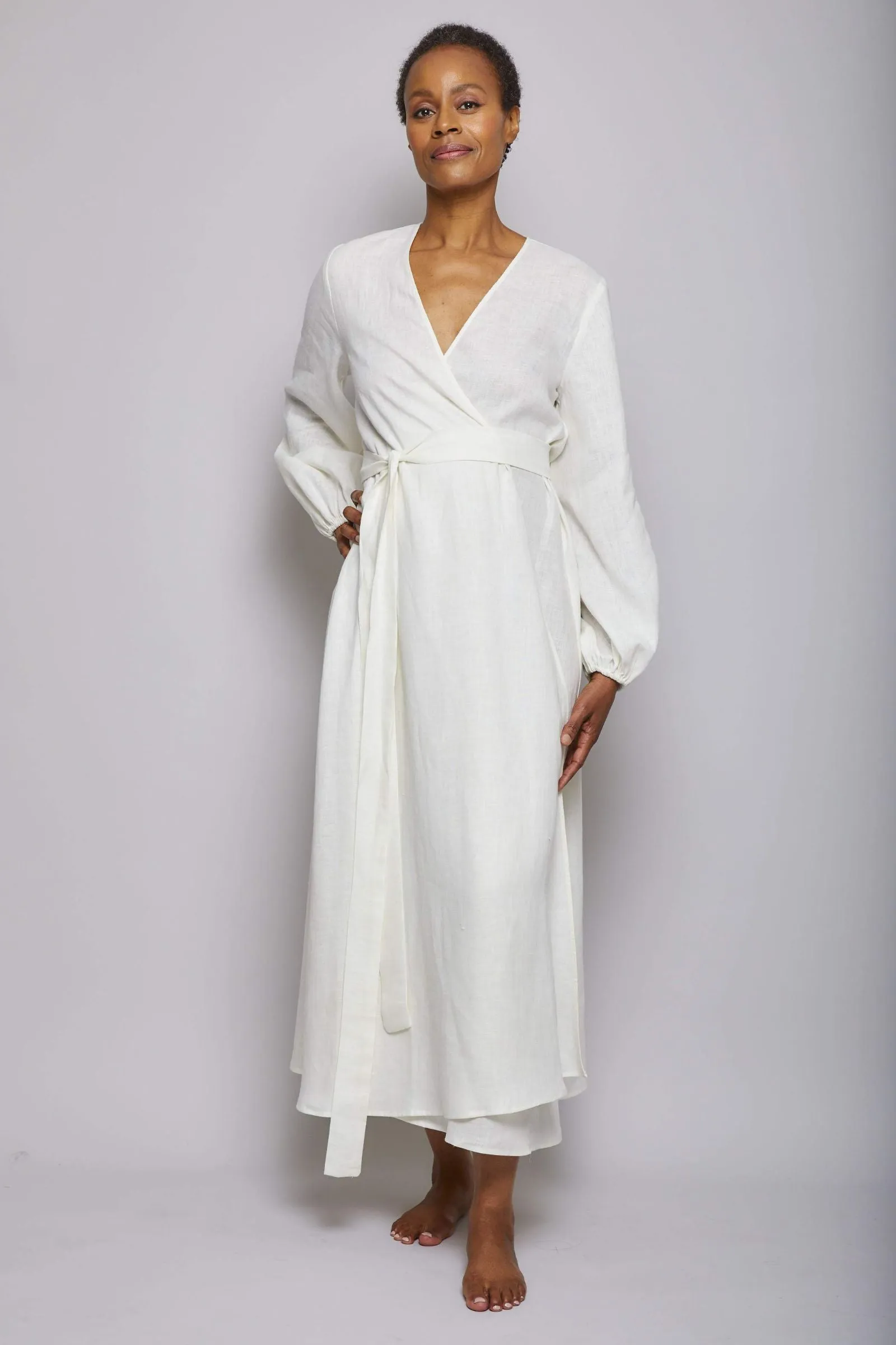 Long Linen Wrap Dress - Cream