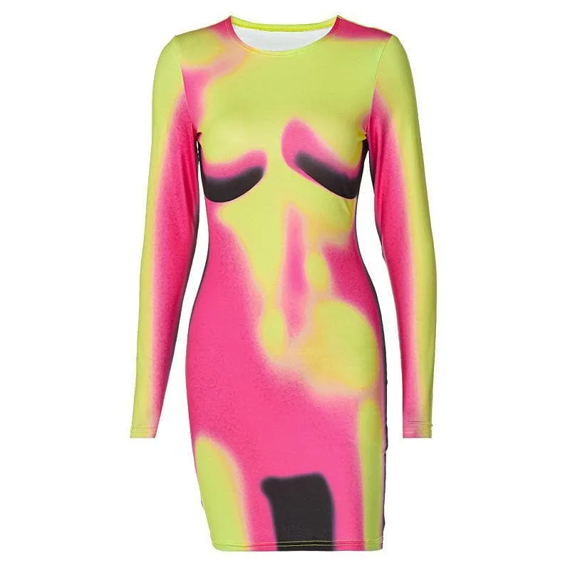 Long sleeve thermal crewneck body print mini dress