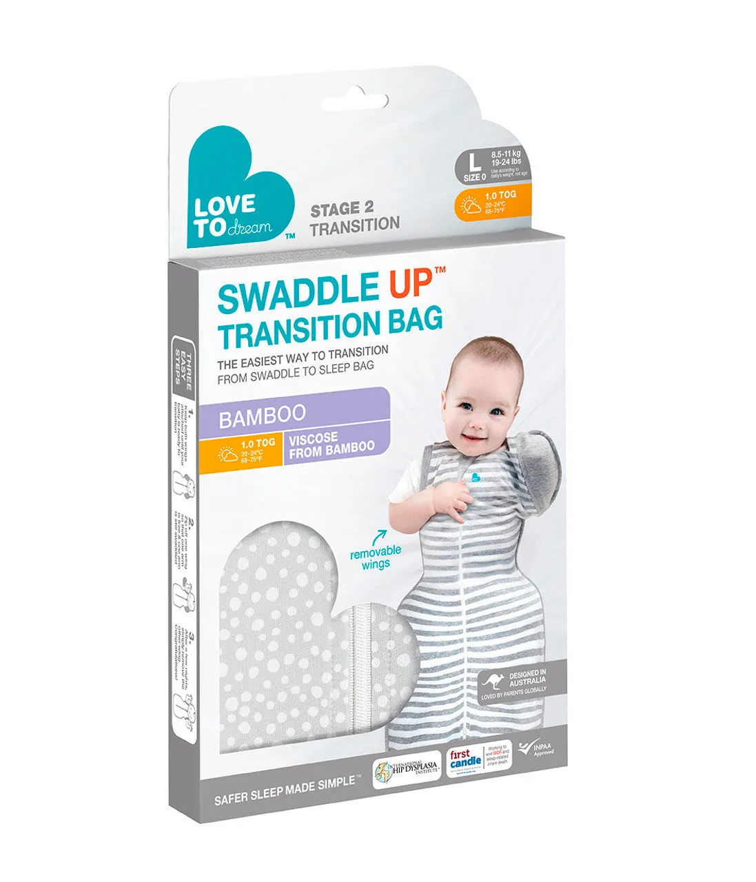 Love To Dream Swaddle Up Transition Bag 1.0 Tog Original Bamboo Grey