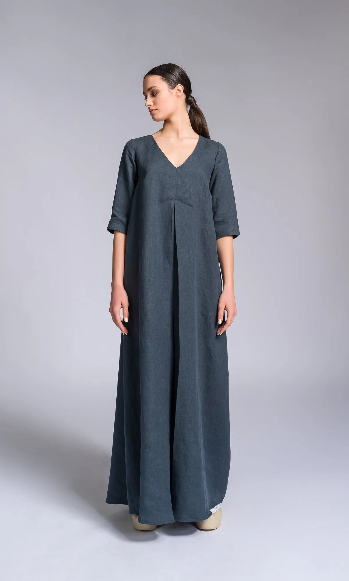 Maxi Linen Dress with Inverted Pleat