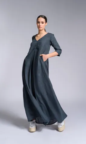 Maxi Linen Dress with Inverted Pleat