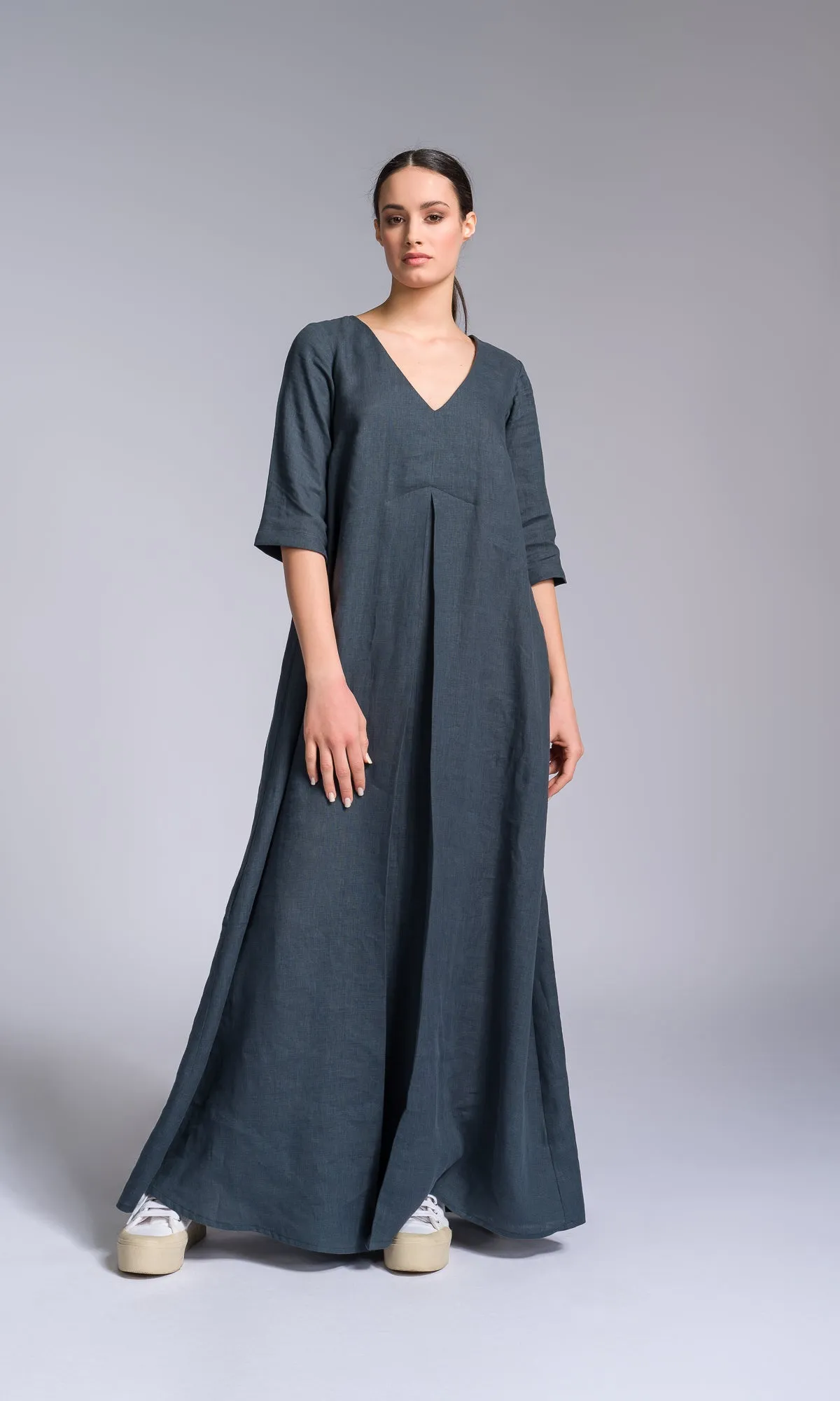 Maxi Linen Dress with Inverted Pleat