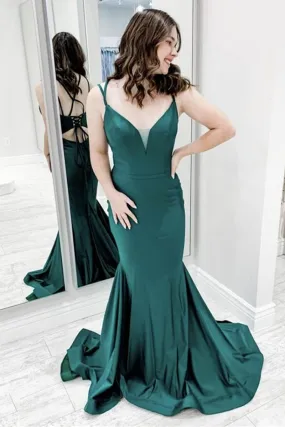 Mermaid V Neck Green Satin Long Prom Dress, Mermaid Green Formal Graduation Evening Dress