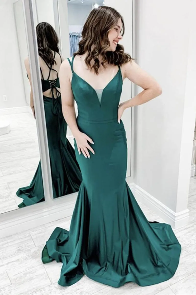 Mermaid V Neck Green Satin Long Prom Dress, Mermaid Green Formal Graduation Evening Dress