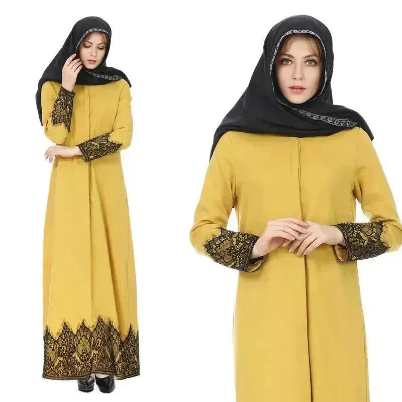 Middle East Turkey Full Button Ethnic Lace Robe Long Dress