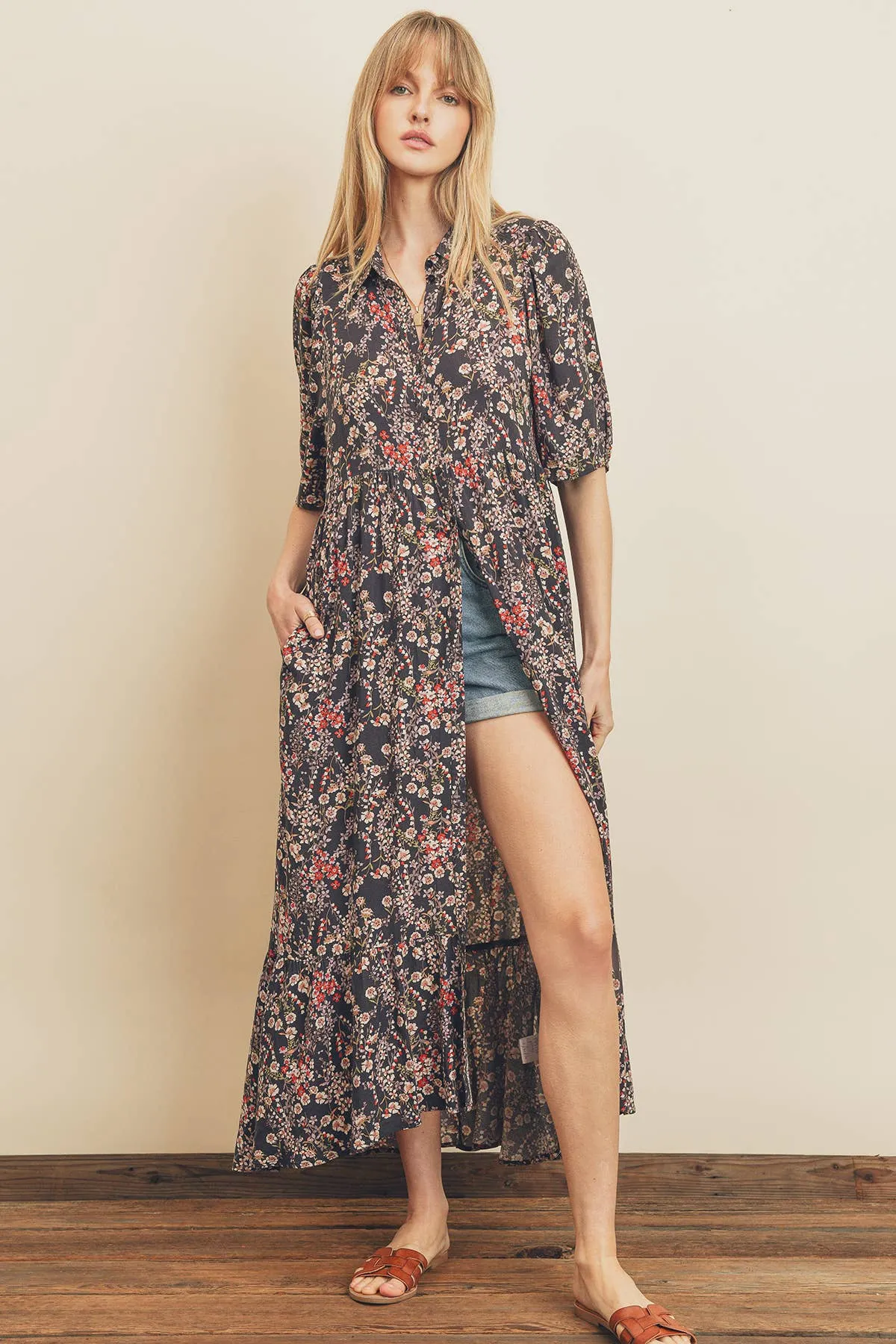 Midnight Garden Floral Print Shirt Dress